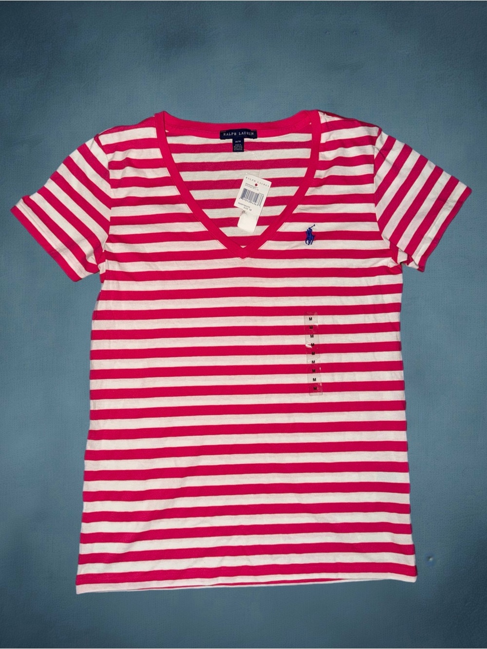 Ralph Lauren Pink & White Striped V-Neck Tee with Embroidered Pony